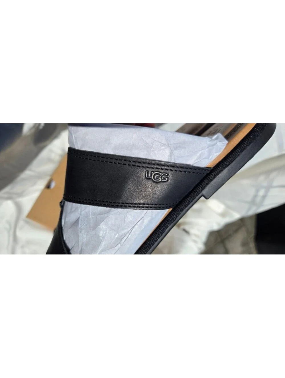 UGG Matira Black Leather Slide Sandals Toe Loop Square Toe Womens Size 12 NIB